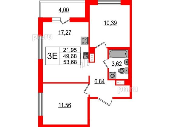 Квартира в ЖК ЦДС Parkolovo, 2 комнатная, 53.68 м², 3 этаж