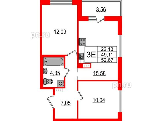 Квартира в ЖК ЦДС Parkolovo, 2 комнатная, 52.67 м², 6 этаж