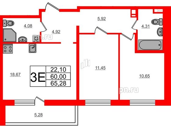 Квартира в ЖК ЦДС Parkolovo, 2 комнатная, 65.28 м², 3 этаж