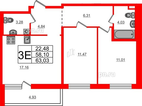 Квартира в ЖК ЦДС Parkolovo, 2 комнатная, 63.03 м², 2 этаж