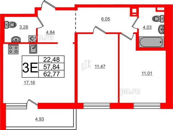 Квартира в ЖК ЦДС Parkolovo, 2 комнатная, 62.77 м², 4 этаж