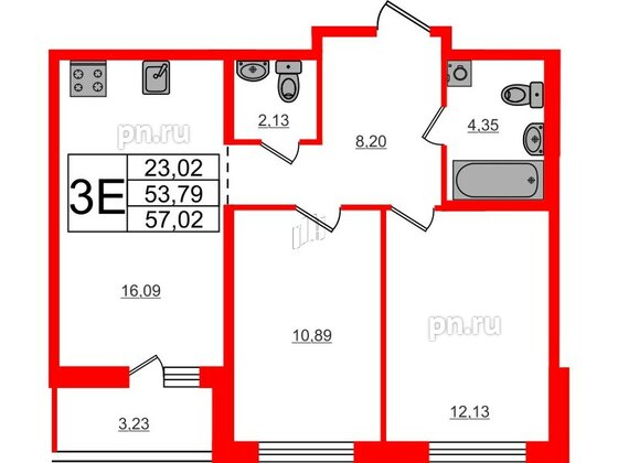 Квартира в ЖК ЦДС Parkolovo, 2 комнатная, 57.02 м², 3 этаж