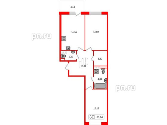 Квартира в ЖК «Янила», 2 комнатная, 63.04 м², 2 этаж