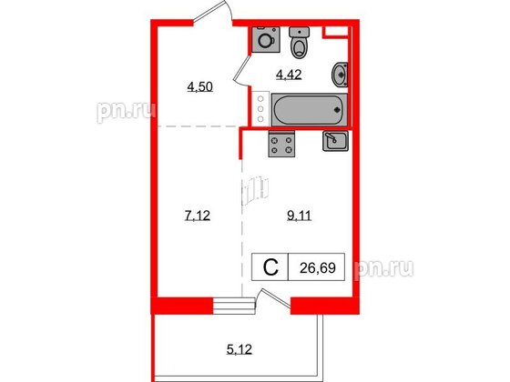 Квартира в ЖК «Янила», студия, 26.69 м², 9 этаж