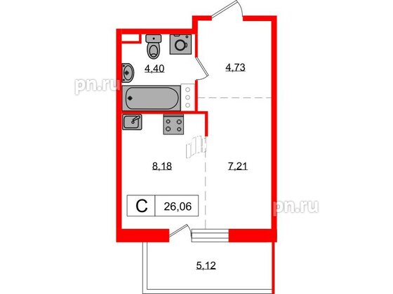 Квартира в ЖК «Янила», студия, 26.06 м², 5 этаж