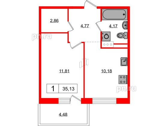 Квартира в ЖК «Янила», 1 комнатная, 35.13 м², 2 этаж