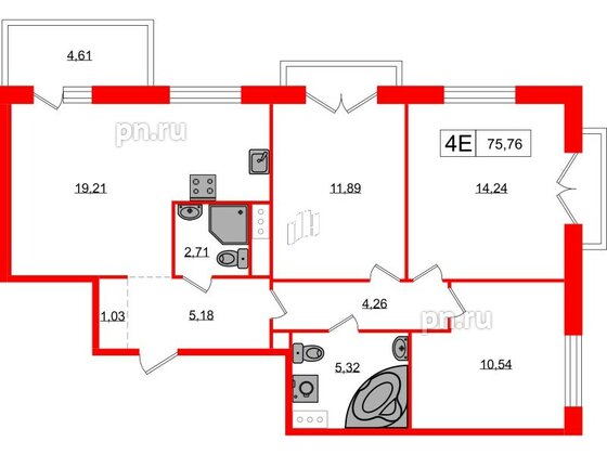 Квартира в ЖК «Янила», 3 комнатная, 75.76 м², 6 этаж