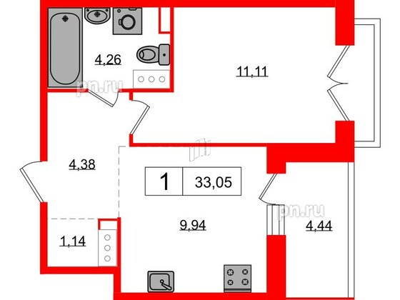Квартира в ЖК Янила, 1 комнатная, 32.7 м², 2 этаж