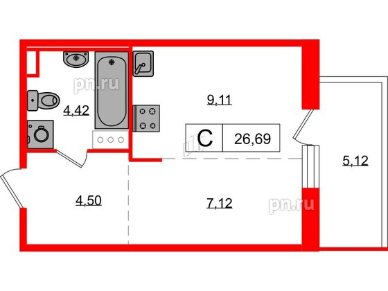 Квартира в ЖК «Янила», студия, 26.69 м², 3 этаж