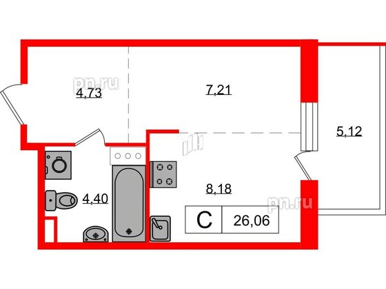 Квартира в ЖК «Янила», студия, 26.06 м², 2 этаж