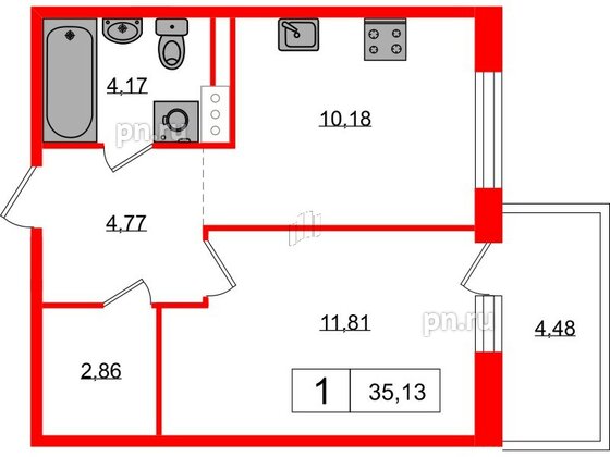 Квартира в ЖК «Янила», 1 комнатная, 35.13 м², 4 этаж