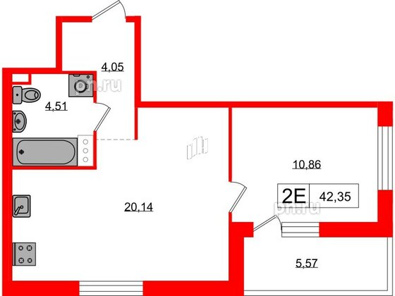 Квартира в ЖК «Янила», 1 комнатная, 42.35 м², 4 этаж