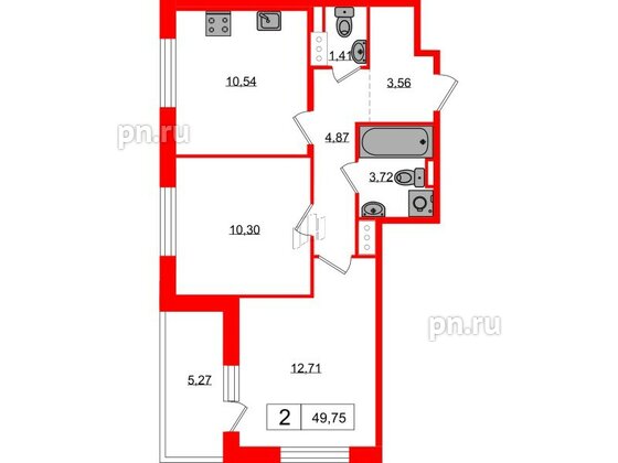 Квартира в ЖК «Янила», 2 комнатная, 49.75 м², 6 этаж