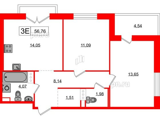 Квартира в ЖК «Янила», 2 комнатная, 56.76 м², 2 этаж