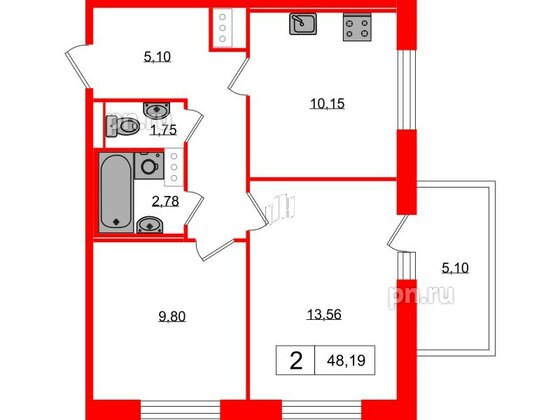 Квартира в ЖК «Янила», 2 комнатная, 48.19 м², 8 этаж