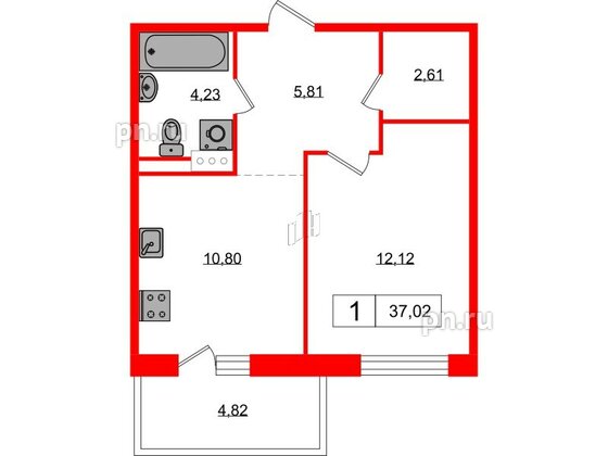 Квартира в ЖК «Янила», 1 комнатная, 37.02 м², 5 этаж