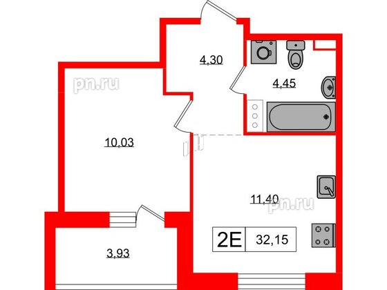 Квартира в ЖК «Янила», 1 комнатная, 32.15 м², 1 этаж