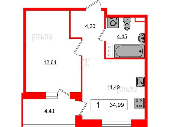 Квартира в ЖК «Янила», 1 комнатная, 34.99 м², 6 этаж