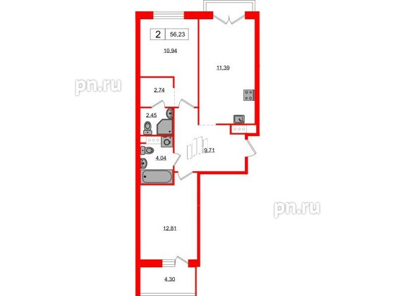 Квартира в ЖК «Янила», 2 комнатная, 56.23 м², 5 этаж