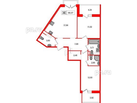 Квартира в ЖК «Янила», 2 комнатная, 66.07 м², 2 этаж