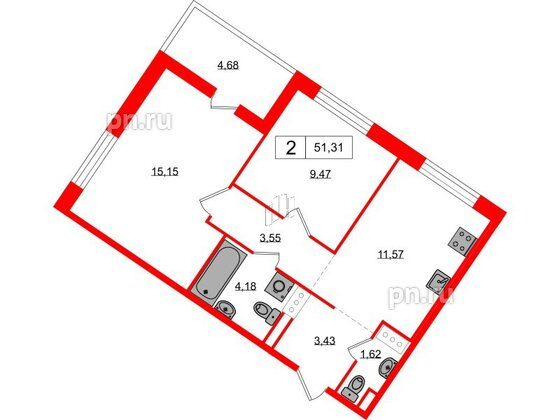 Квартира в ЖК «Янила», 2 комнатная, 51.31 м², 2 этаж