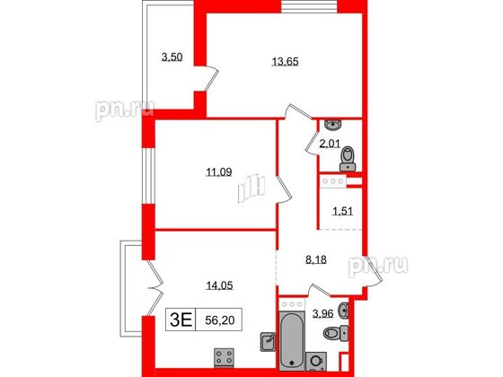 Квартира в ЖК «Янила», 2 комнатная, 56.2 м², 6 этаж