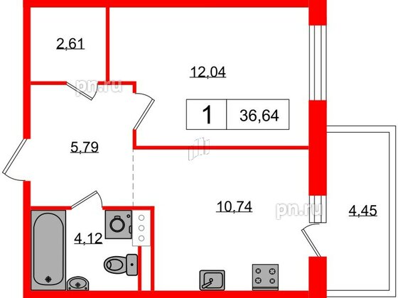Квартира в ЖК Янила, 1 комнатная, 35.8 м², 1 этаж