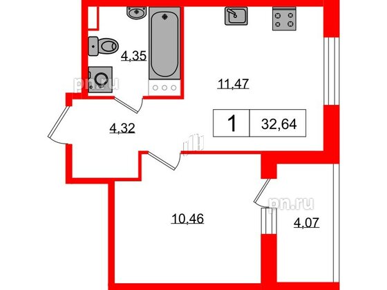 Квартира в ЖК Янила, 1 комнатная, 32.64 м², 1 этаж