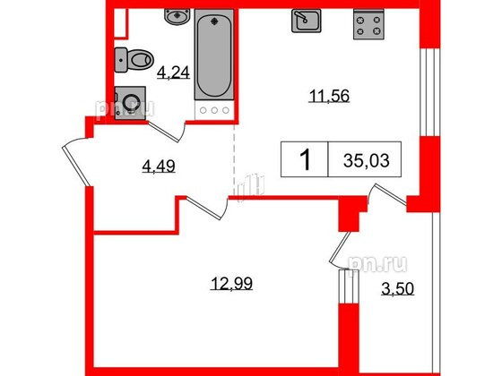 Квартира в ЖК Янила, 1 комнатная, 34.9 м², 3 этаж