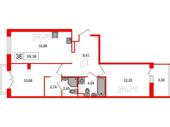 Квартира в ЖК «Янила», 2 комнатная, 59.38 м², 3 этаж