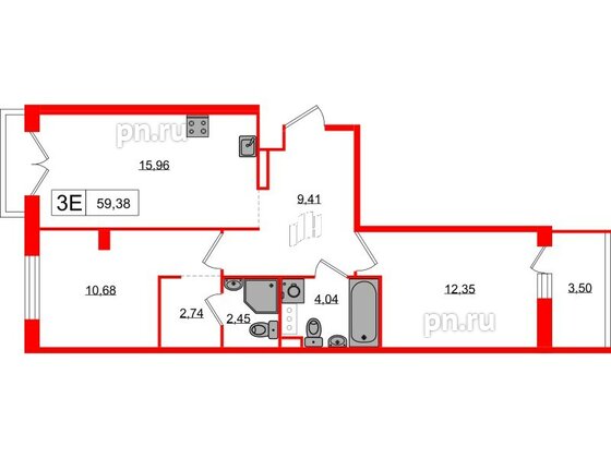 Квартира в ЖК «Янила», 2 комнатная, 59.38 м², 4 этаж