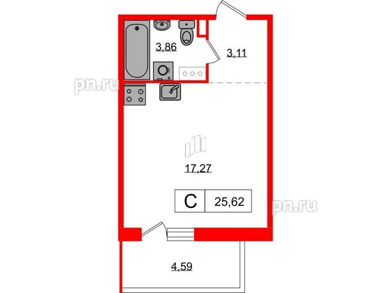 Квартира в ЖК «Янила», студия, 25.62 м², 1 этаж