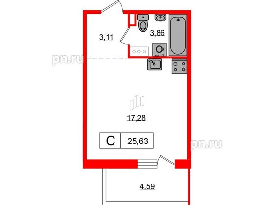 Квартира в ЖК «Янила», студия, 25.63 м², 1 этаж