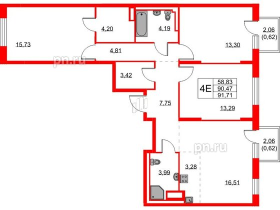 Квартира в ЖК Квартал Лаголово, 3 комнатная, 91.71 м², 5 этаж