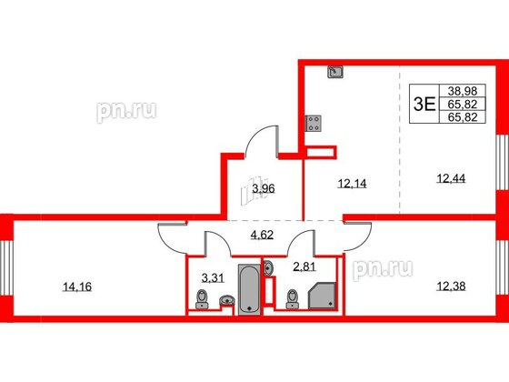 Квартира в ЖК Квартал Лаголово, 2 комнатная, 65.82 м², 3 этаж