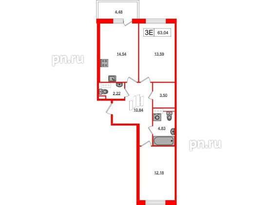 Квартира в ЖК «Янила», 2 комнатная, 63.04 м², 3 этаж