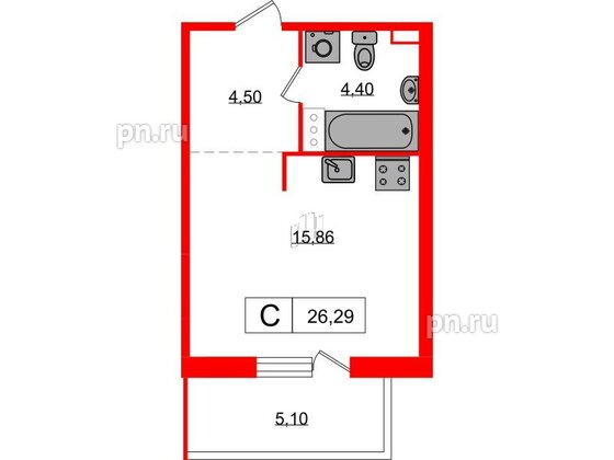 Квартира в ЖК «Янила», студия, 26.29 м², 4 этаж