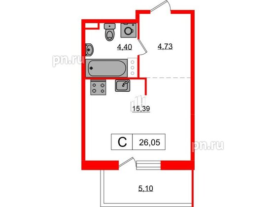 Квартира в ЖК «Янила», студия, 26.05 м², 4 этаж