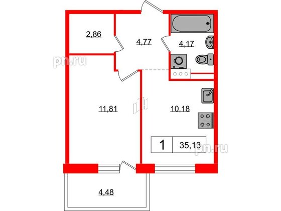 Квартира в ЖК Янила, 1 комнатная, 35.2 м², 10 этаж
