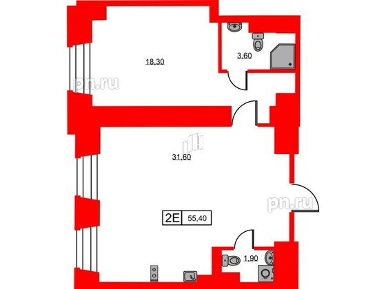 Апартаменты в ЖК Hovard Club, 1 комнатные, 55.4 м², 2 этаж