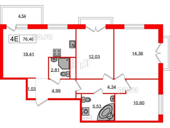 Квартира в ЖК «Янила», 3 комнатная, 76.46 м², 6 этаж