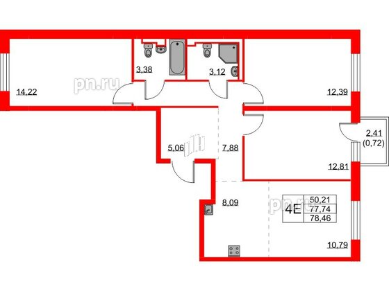 Квартира в ЖК Квартал Лаголово, 3 комнатная, 78.46 м², 2 этаж