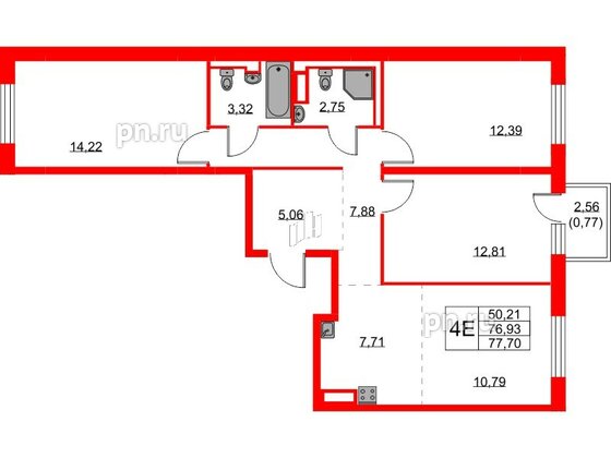 Квартира в ЖК Квартал Лаголово, 3 комнатная, 77.7 м², 4 этаж