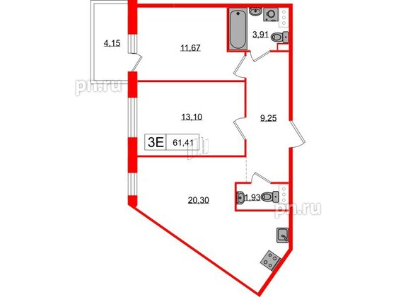 Квартира в ЖК Янила, 2 комнатная, 61.3 м², 1 этаж