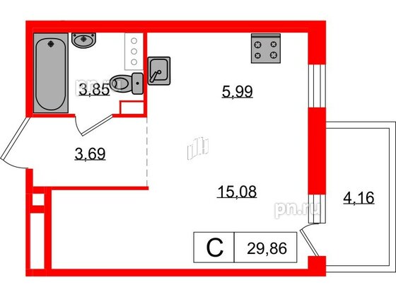 Квартира в ЖК «Янила», студия, 29.86 м², 2 этаж