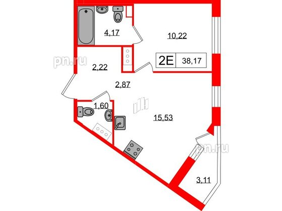 Квартира в ЖК «Янила», 1 комнатная, 38.17 м², 3 этаж