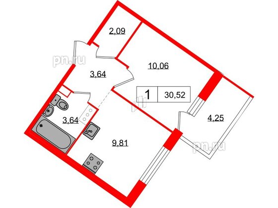 Квартира в ЖК «Янила», 1 комнатная, 30.52 м², 8 этаж