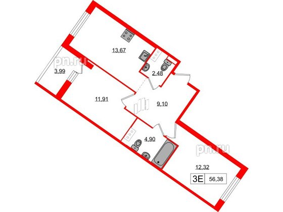 Квартира в ЖК «Янила», 2 комнатная, 56.38 м², 2 этаж