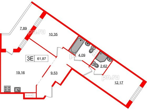 Квартира в ЖК «Янила», 2 комнатная, 61.87 м², 5 этаж