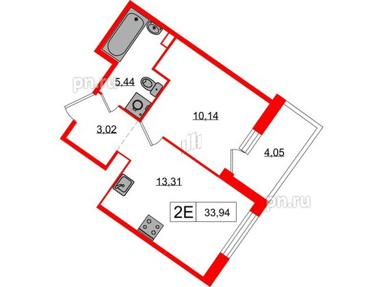 Квартира в ЖК «Янила», 1 комнатная, 33.94 м², 1 этаж